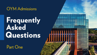 A graphic image of the Ross building next to text that reads "OYM Admissions, Frequently Asked Questions, Part One"